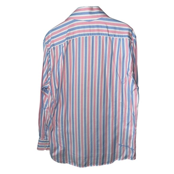English Laundry Shirt Vintage Pink Blue Striped Button-Up Flip Cuff Size Large - Picture 2 of 6